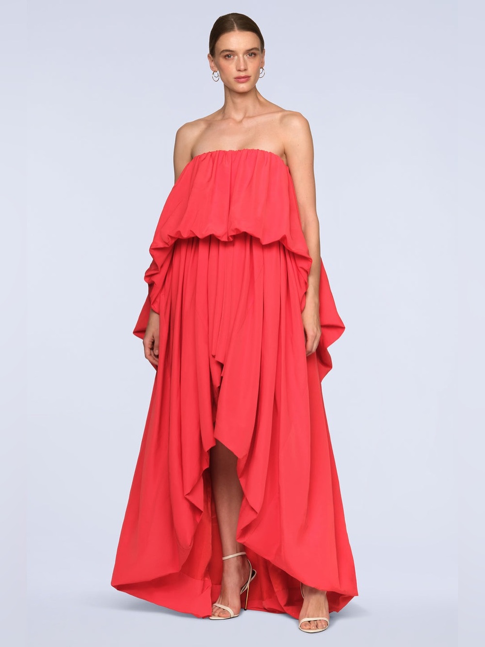 BCBGMaxAzria Talia Gown Strapless Coral Pink Ruffle Maxi Dress